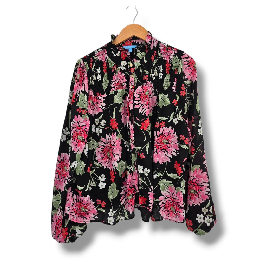 Draper James RSVP Women XL Smocked Floral Blouse Pink Black Ruffle Neck Top
